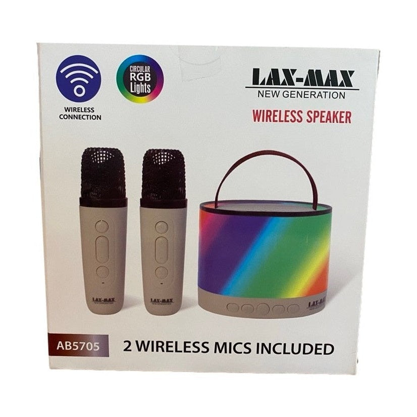 Boxed "LAX-MAX" wireless speaker set with microphones and color-changing lights.